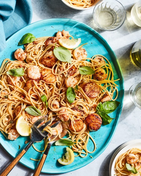 Summer seafood pasta with white wine sauce