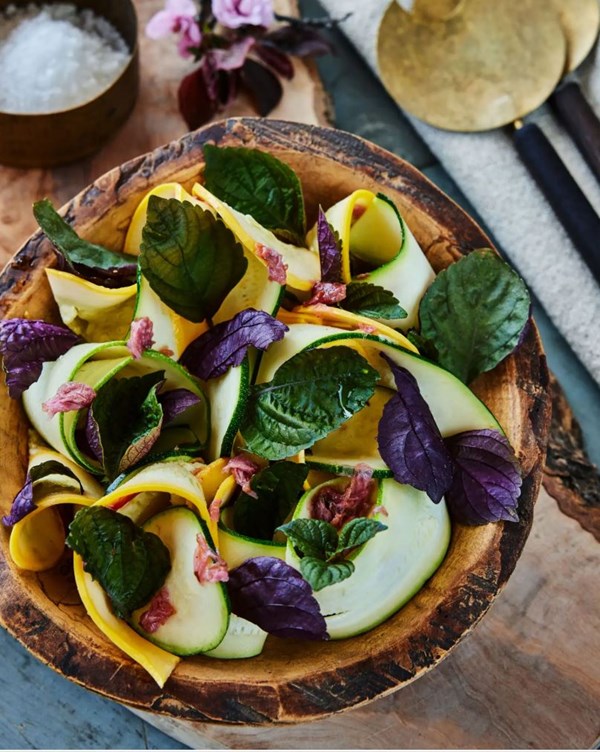 Summer squash and plum salad with cherry blossom and umeboshi vinaigrette