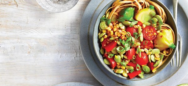 Summer squash and succotash noodle bowl