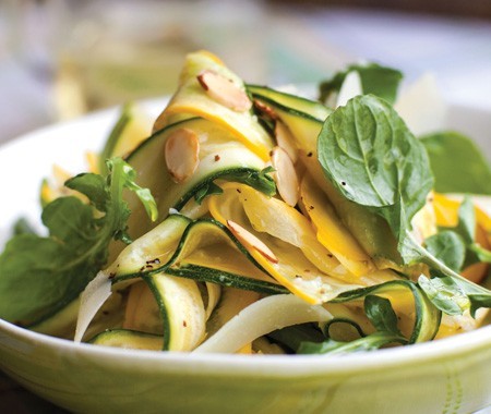 Summer squash carpaccio with arugula, pecorino, and almonds
