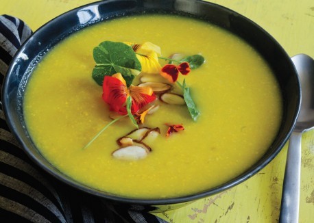 Summer squash, corn, and saffron soup