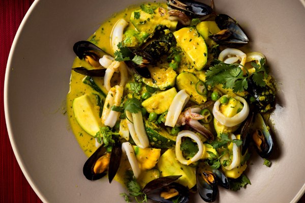 Summer squash curry, shellfish optional