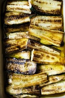 Summer squash escabèche with mushrooms, arugula, and steak