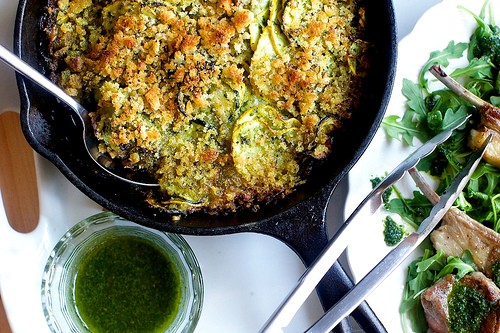 Summer squash gratin with salsa verde