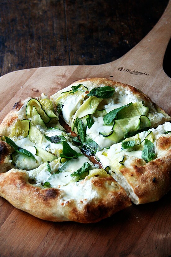 Summer squash pizza with burrata & basil