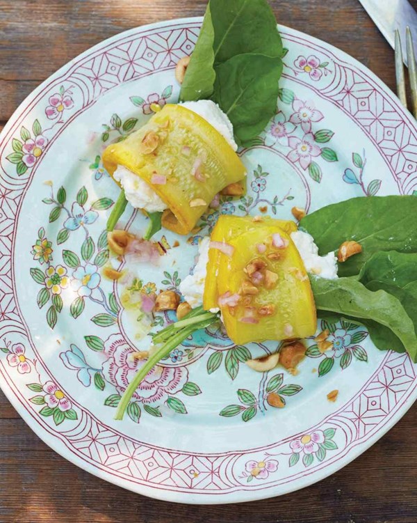Summer-squash rolls with herbed ricotta, arugula, and toasted-hazelnut vinaigrette 