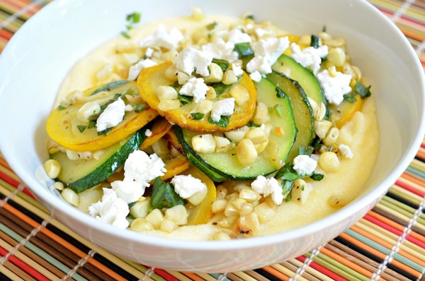 Summer squash saute with corn and goat cheese polenta