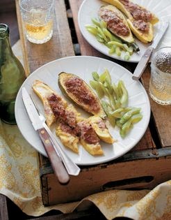 Summer squash stuffed with teriyaki pork