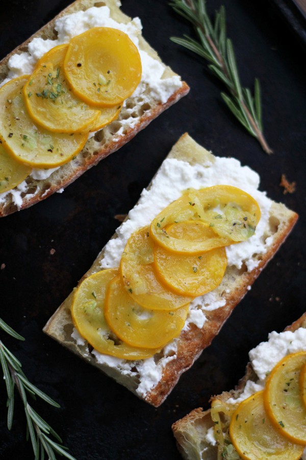 Summer squash tartines with ricotta, rosemary and lemon