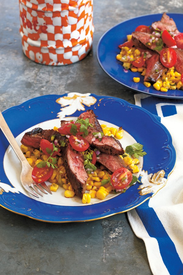 Summer steak with sautéed corn and salsa