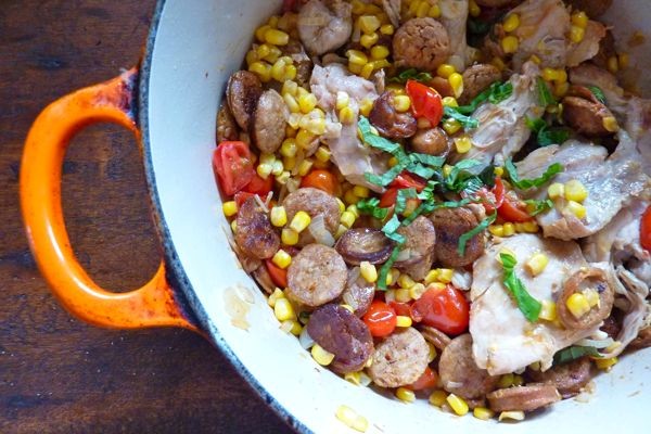 Summer stew with chicken, corn, and sausage