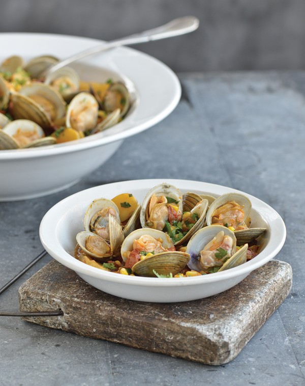 Summer stew with Maine mahogany clams, corn, and fingerling potatoes