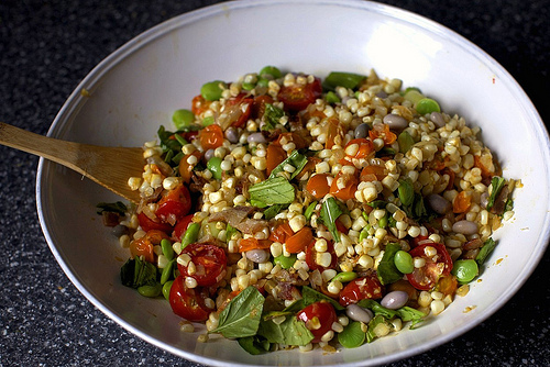 Summer succotash with bacon and croutons