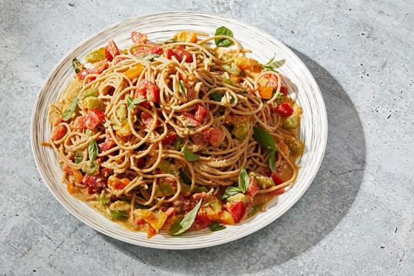 Summer tomato and basil pasta with pine nut sauce