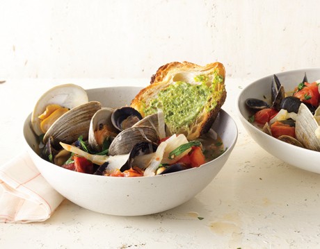 Summer tomato bouillabaisse with basil rouille