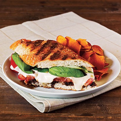Summer tomato, mozzarella, and basil panini with balsamic syrup