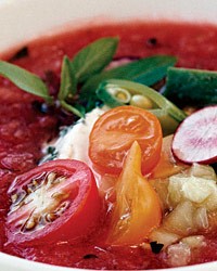 Summer tomato soup with herbed goat cheese