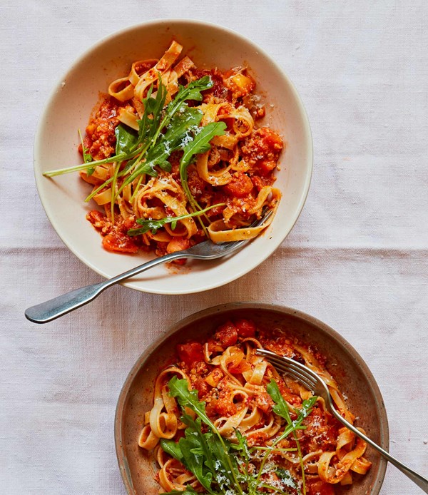 Summer tomato tagliatelle with 'nduja pesto