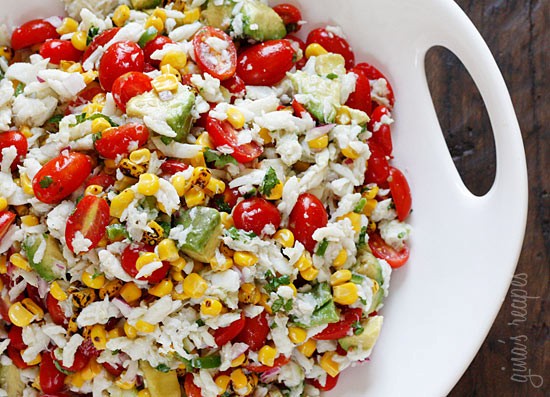 Summer tomatoes, corn, crab and avocado salad