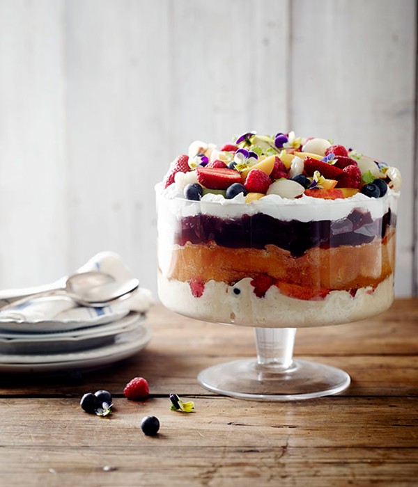 Summer trifle with coconut cream and berry jelly
