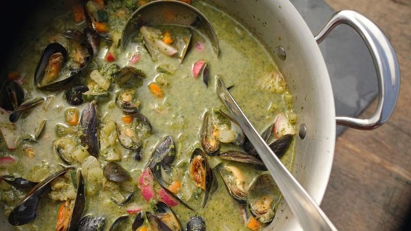 Summer veg soup with mussels and salsa verde