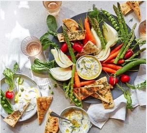 Summer vegetable & flatbread platter with dill & mustard dip