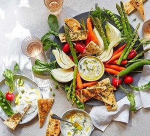 Summer vegetable & flatbread platter with dill & mustard dip 