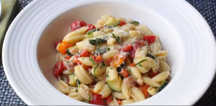 Summer vegetable cavatelli with fresh corn “cream”