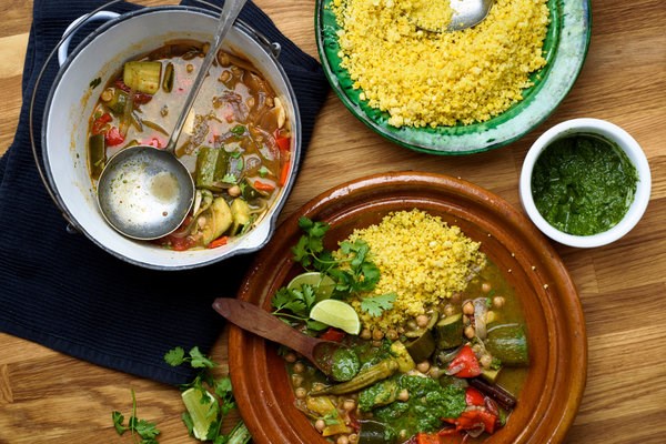 Summer vegetable couscous with spicy pesto