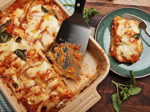 Summer vegetable lasagna with zucchini, squash, eggplant, and tomato
