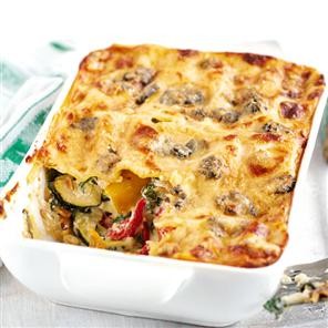 Summer vegetable lasagne with blue cheese and pine nuts