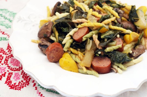 Summer vegetable pasta with andouille 