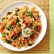 Summer vegetable pasta with crispy goat cheese medallions