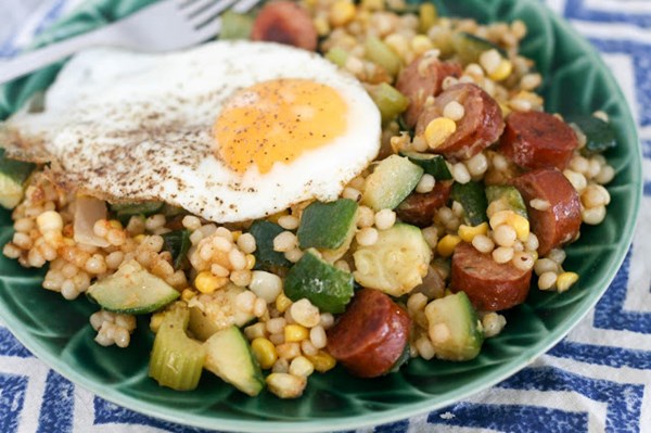 Summer vegetable pearl couscous with andouille