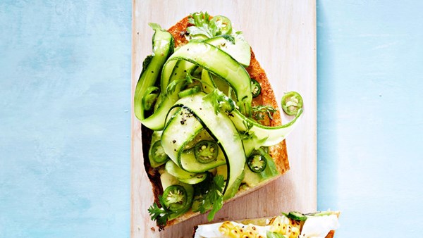 Summer vegetable tartines: zucchini, avocado, and jalapeño