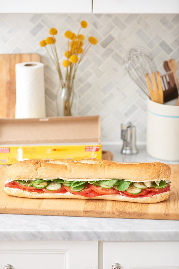 Summer vegetables sub sandwich with garlic cream cheese