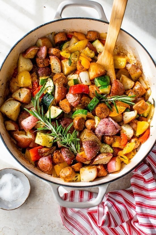 Summer vegetables with sausage and potatoes