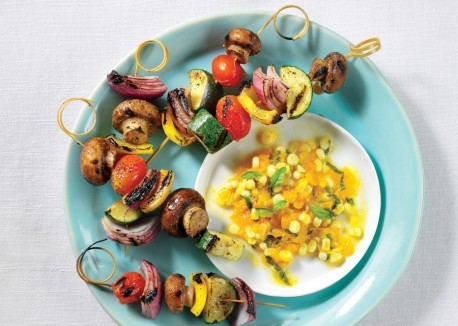 Summer veggie kebabs with fresh corn relish