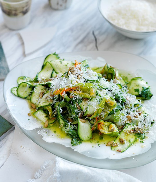 Summer zucchini salad with seeds, Parmesan, and mint and lemon dressing
