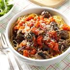 Summertime spaghetti with grilled meatballs