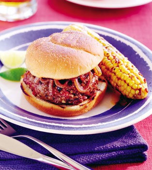 Sun-dried-tomato burgers with balsamic-glazed onions