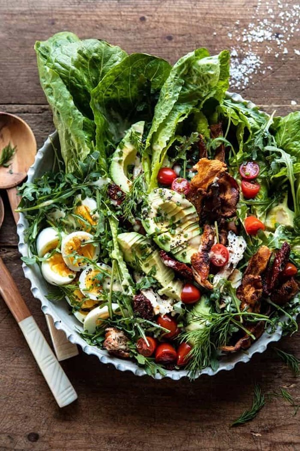 Sun-dried tomato chicken and avocado Cobb salad with tahini ranch