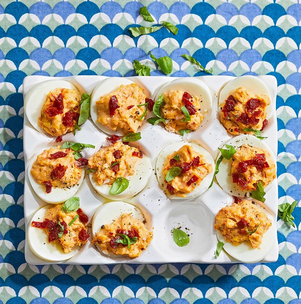 Sun-dried tomato deviled eggs