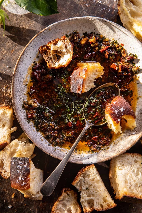 Sun-dried tomato garlic olive oil dip [warm, salted butter ciabatta]