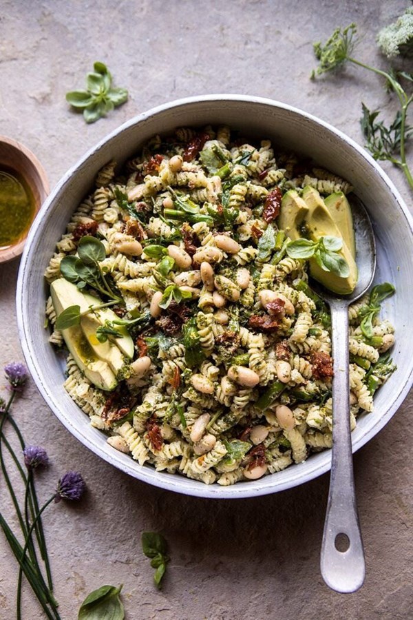 Sun-dried tomato, white bean, and goat cheese pasta salad