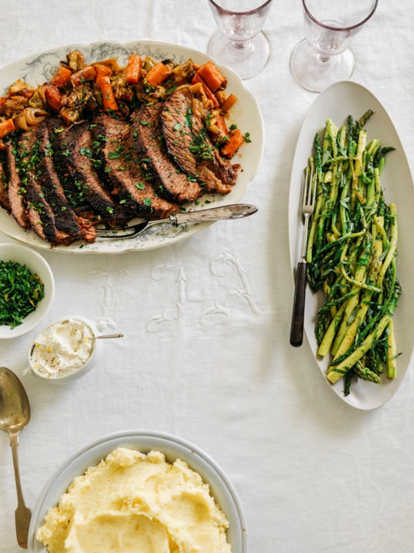 Sunday dinner braised brisket with leek & carrot gravy, Meyer lemon gremolata & lemon-horseradish whipped cream