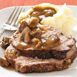 Sunday pork roast with mushroom gravy