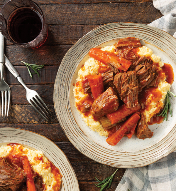 Sunday pot roast with creamy cheddar cheese grits
