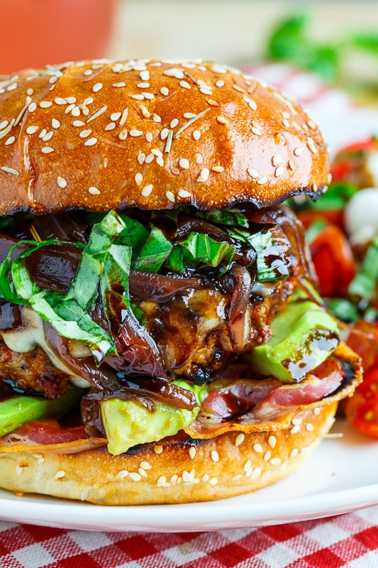 Sundried tomato Caprese turkey burgers with balsamic caramelized onions