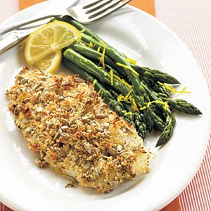Sunflower seed-crusted orange roughy